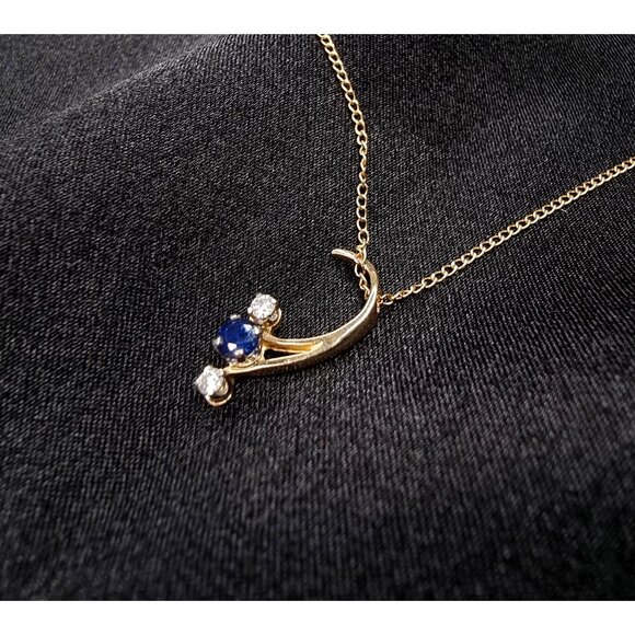 Vintage 14K Solid Gold Topaz & Cubic Zirconia Crescent Pendant Necklace - Picture 3 of 6